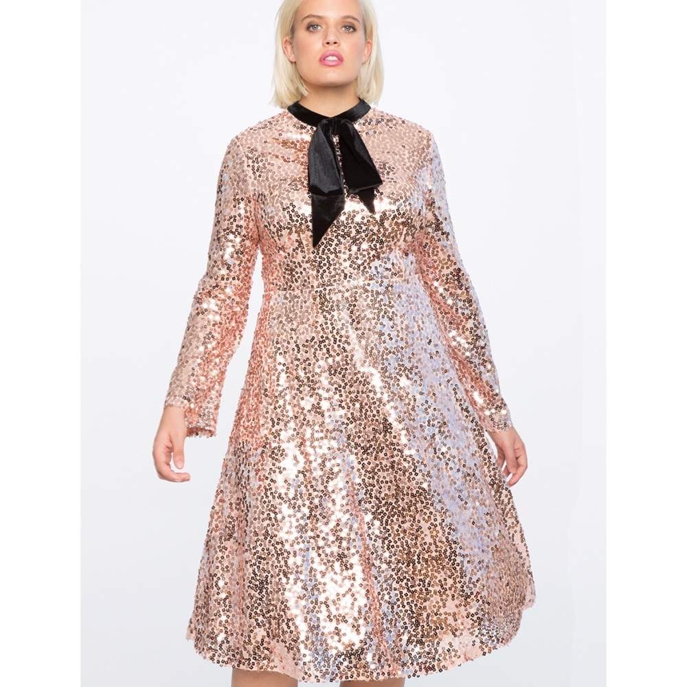 Eloquii Flare Sleeve Sequin Dress with Velvet Tie